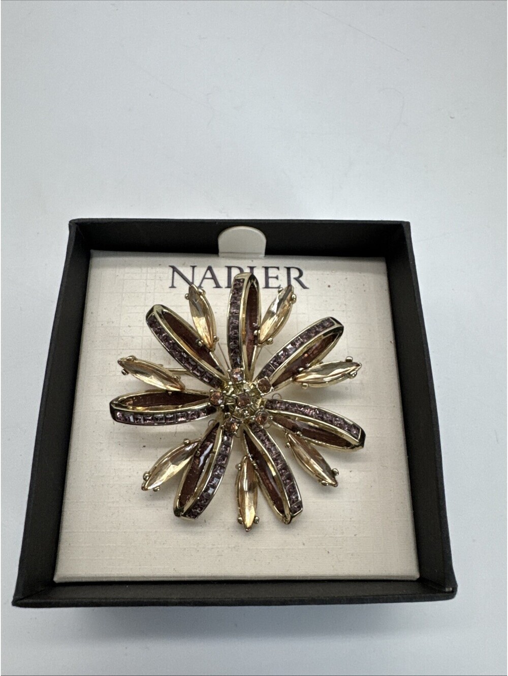 Napier Purple Amber Cluster Flower Treasure Brooch Pin Gold Tone Round New
